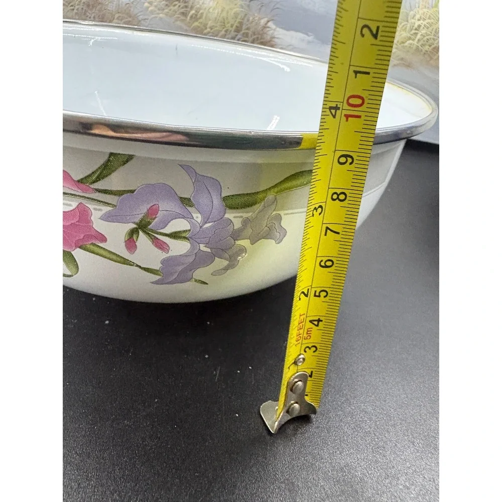 Vintage Enamel Floral Mixing Bowl Set White Pink Purple Iris Farmhouse 2pc